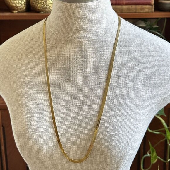 Vintage Gold-Tone Flat Snake Chain Necklace 28" Classic Sleek Design - Picture 1 of 4